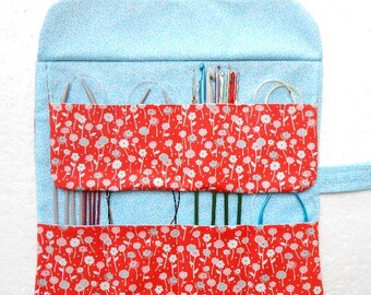 Coral Circular Knitting Needle Roll Up, Blue White Floral DPN Holder, Crochet Hook Storage Organizer, Makeup and Artist Brushes Case