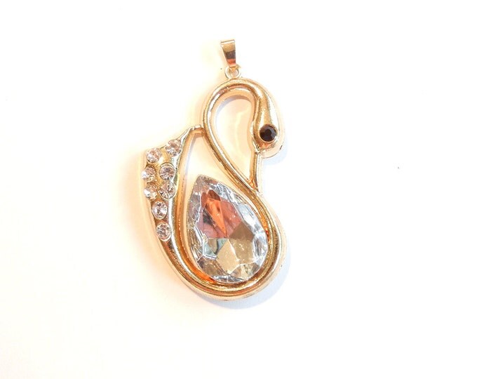 Large Gold-tone Swan Pendant with Rhinestones and Clear Acrylic Faceted Gem