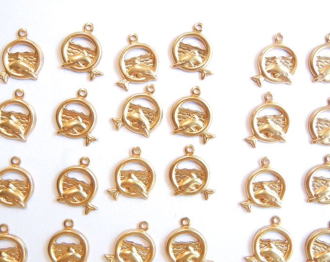 12 Pairs of Small Brass Dolphins Jumping Rings Charms