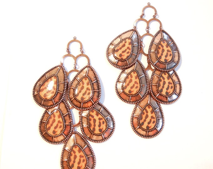 Pair of Peacock Feather Drop Charms in Copper-tone and Leopard Print