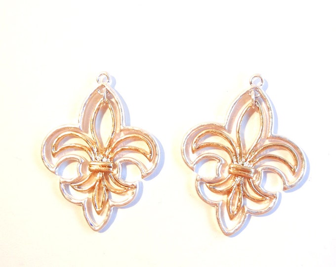 Pair of Two-toned Gold-Silver Outline Swinging Fleur de Lis Charms