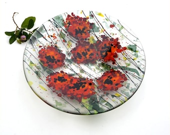 Fused glass bowl, red poppies, round, transparent