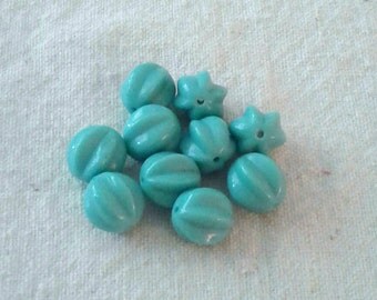 12 mm Vintage Glass Teal Fluted Round Beads - Set of 10