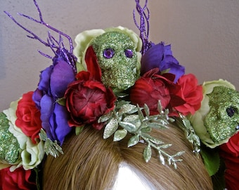 My Garden: Day of the Dead Headpiece Skulls with Flowers Mexican Floral Red Purple Lime Green Glitter Ode to Frida Kahlo Costume Halloween