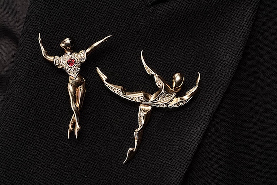 Two Signed Marcel BOUCHER Male Ballet Dancers: Part of the "Ballet of Jewels" collection - rhinestones, gold and silver plating