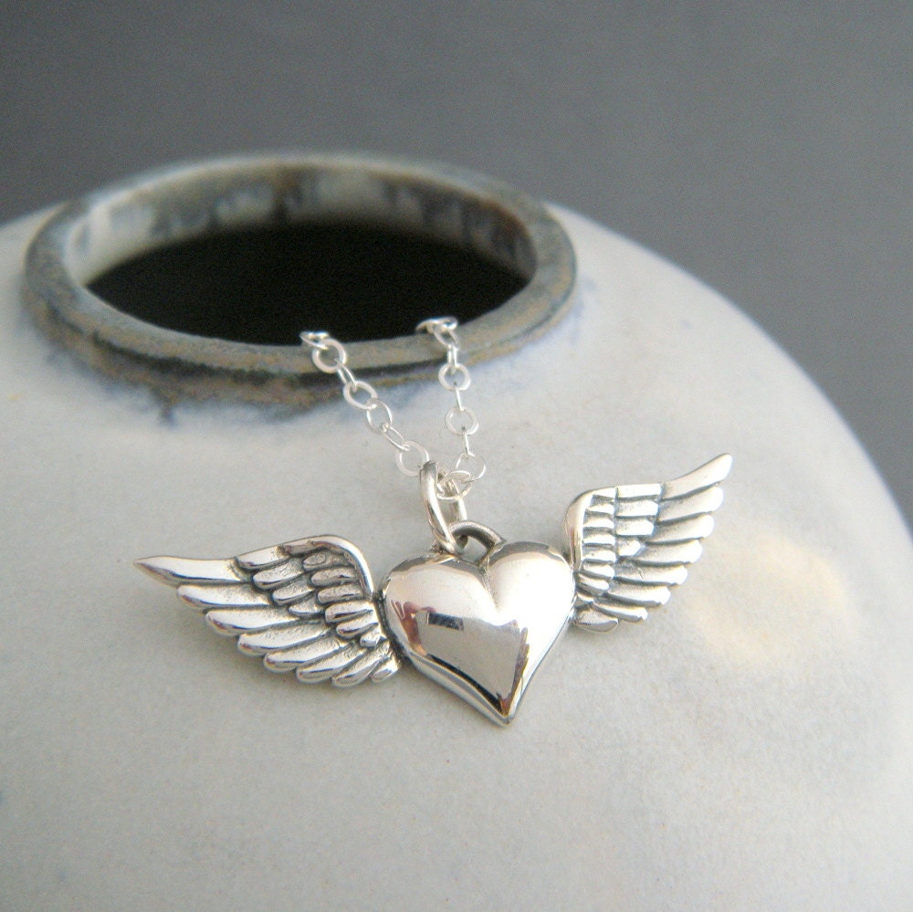silver heart with wings necklace. sterling silver memorial