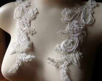 Ivory Beaded Applique Lace Pair for Lyrical Dance, Bridal, Headbands, Sashes PR 114