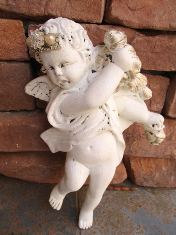 Vintage Plaster Hanging Cherub Angel with Wings Wall Hanging