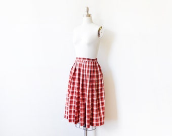60s red plaid skirt, vintage plaid pleated skirt, red and black plaid cotton skirt, xs extra small
