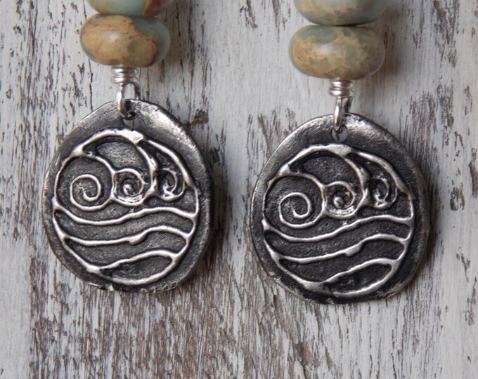 Sterling Silver Gemstone Earrings Jasper Pewter Ocean Wave Charm Stone Artisan Pewter Dangle Drop Boho Beach Nautical Earrings