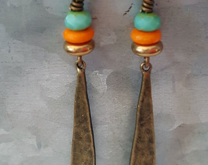 Boho Brass Drop Earrings Orange and Turquoise Bohemian Earrings Brass Jewelry Long Dangle Earrings
