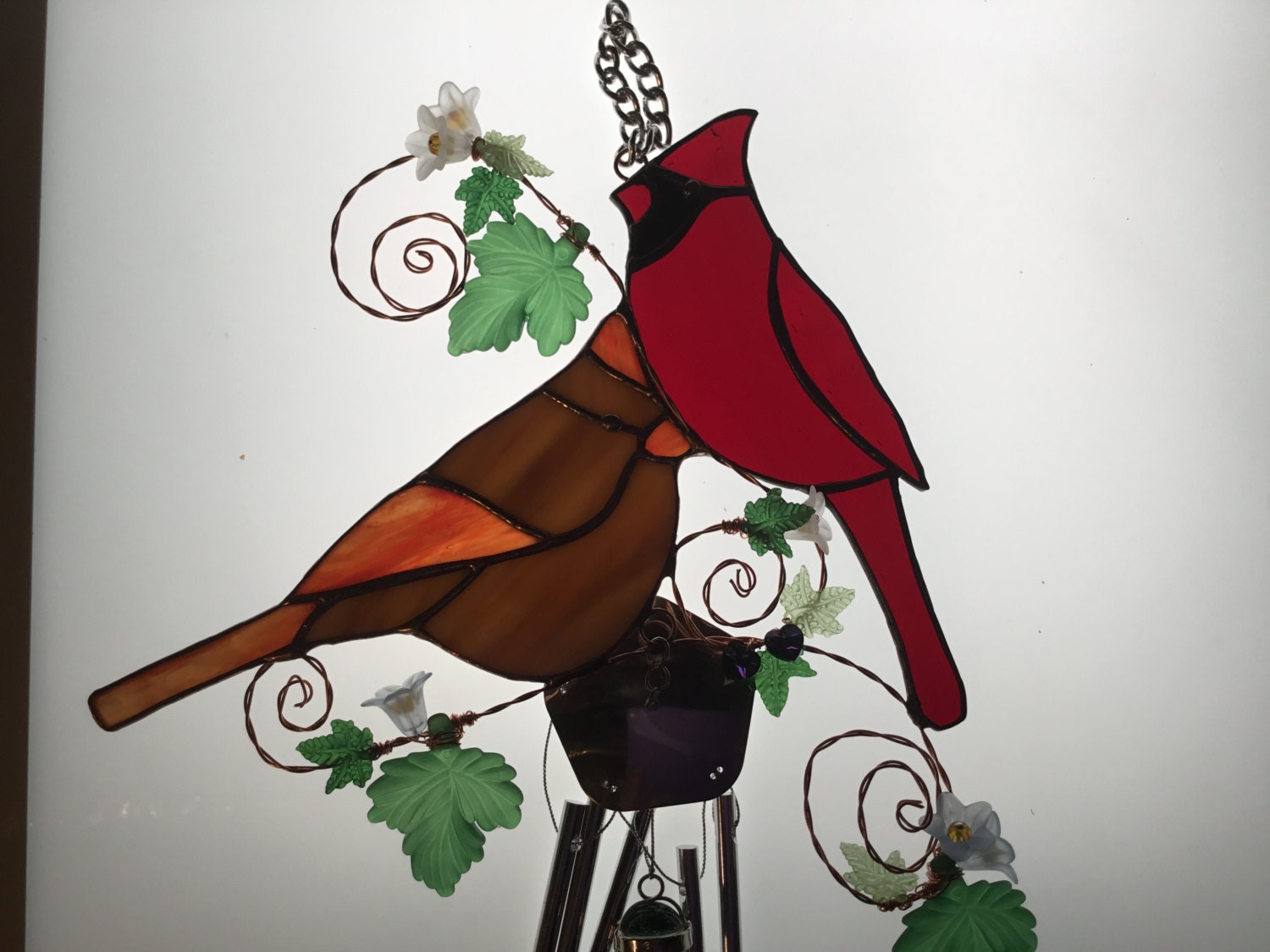Cardinal Family Stained Glass Wind Chime by robinsglassworld