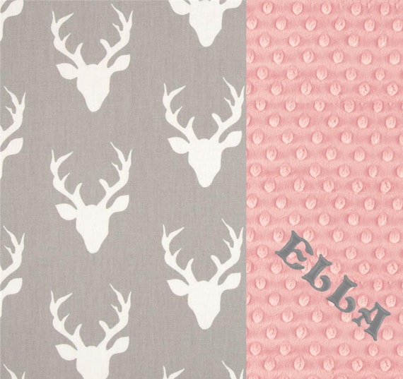 Personalized Minky Baby Blanket Girl, Deer Animals Pink Gray Cotton Blanket / Pink Deer Blanket / Baby Shower Gift / Name Baby Blanket