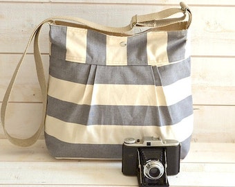 Water Proof -Cross body bag / Diaper bag STOCKHOLM Gray and Ecru Stripes Pleated French Messenger bag - 10 Pockets