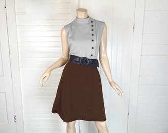 60s Mod Mini Dress in Brown & Gray- 1960s Sleeveless + High Neck- Office / Go Go / School / Autumn- Medium
