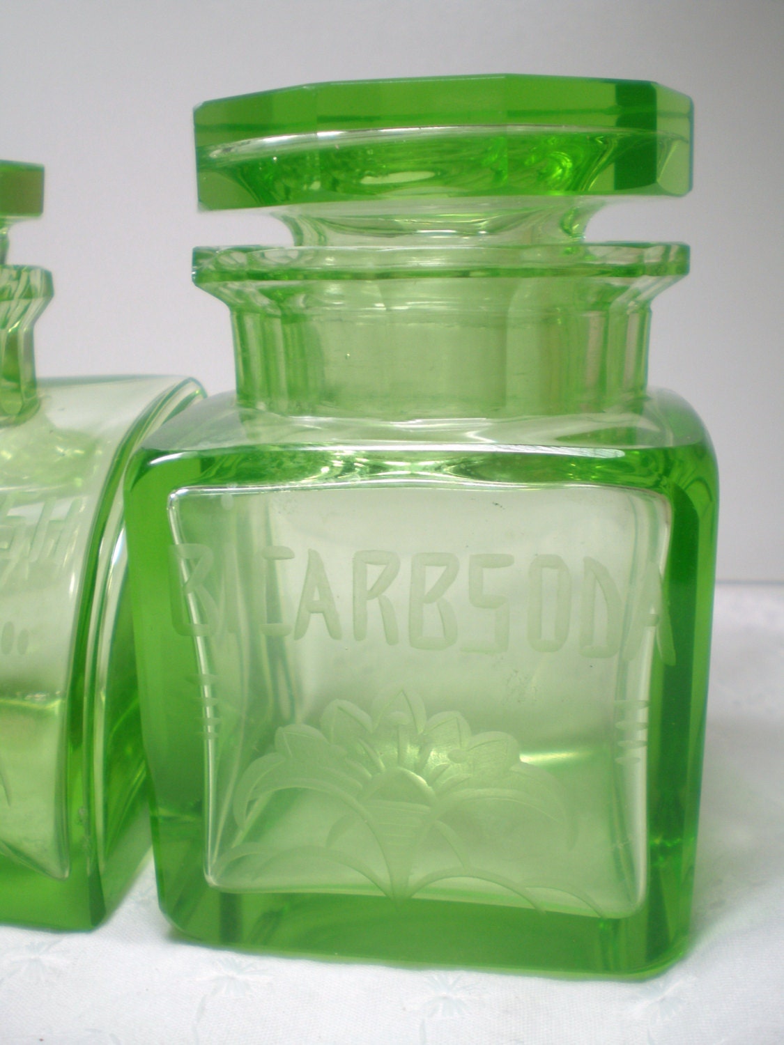Set of 4 Apothecary Jars / Green depression glass jars labeled