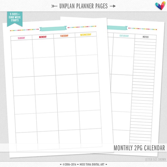 UNplan Monthly 2PG Planner Page Printables PDF 5 Sizes