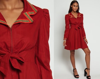 70s Mini Dress Babydoll Bohemian Mod Empire Waist Hippie Rust Red 1970s Long Puff Sleeve Vintage Boho MiniDress Front Zip Up Medium