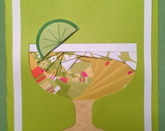 Martini glass with a Lime, Note card, 5" x 7", hand crafted, inside blank, Iris paper folding technique