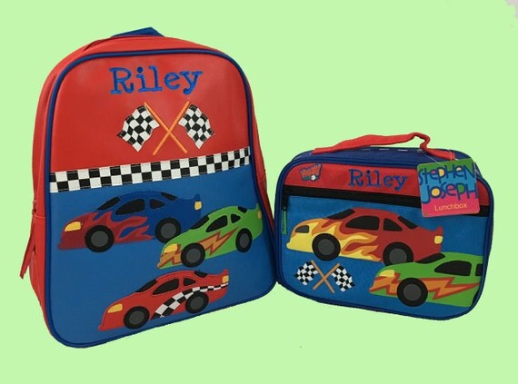 Child's Personalized Stephen Joseph GoGo RACECAR Themed Backpack and Lunchbox School Set-Monogramming Included In Price