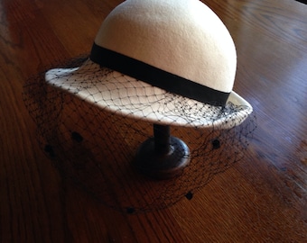 Off-White/ Cream Wool Bowler Hat with Black Lace Veil