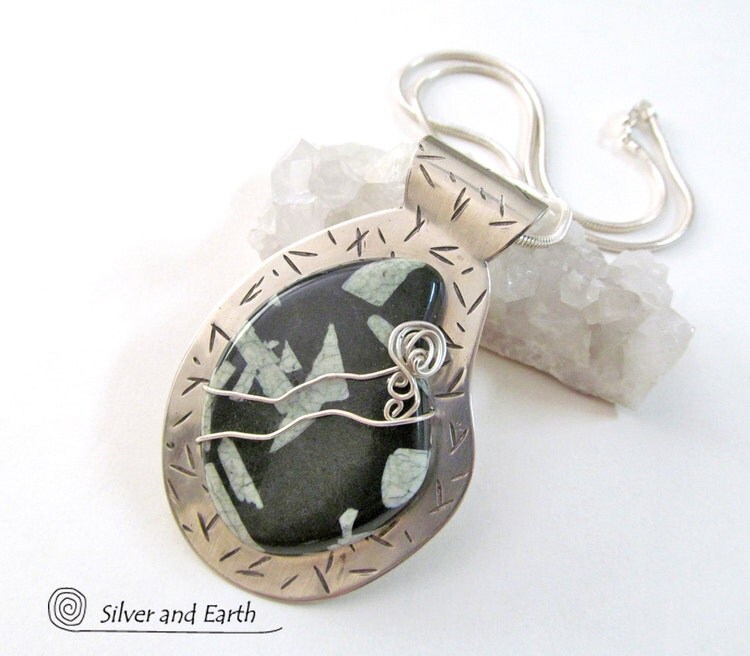Chinese Writing Stone Necklace Handmade Sterling by SilverandEarth