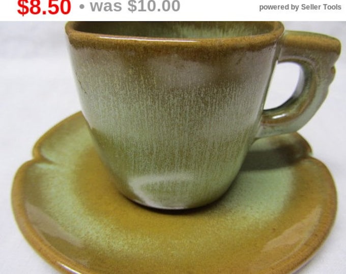 FRANKOMA Praire Green Brown Cup and Saucer, Vintage Pottery Cup and Saucer, Small Coffee Cup and Saucer, Frankoma Pottery, Gift Pottery