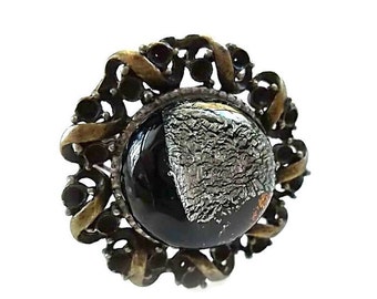 Dichroic Glass Ring/Fused Glass Ring/Vintage Brass Adjustable Ring/Silver and Black