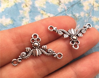 Triangle flower connectors--50pcs 26x15mm antiqued Silver flower connector charms findings