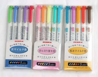 Zebra Highlighter mildliner pens, gold blue pink label pack, 5 Zebra midliner pens each pack, Double side