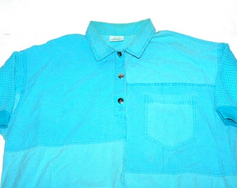 80's Aqua Blue Cotton Collared T-Shirt- Size M/L