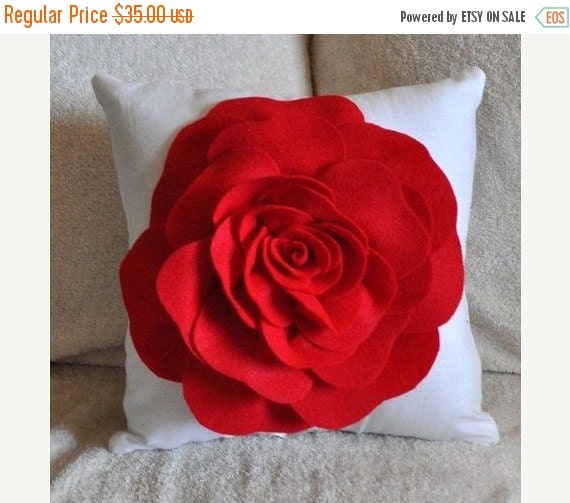 BLACK FRIDAY SALE Red Pillows Red Rose on White Pillow 14x14