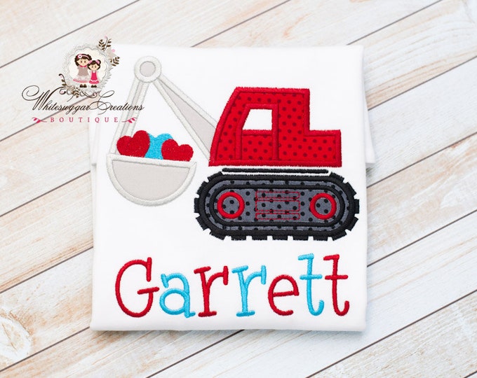 Boys Bulldozer Shirt with Hearts - Baby Boy Bulldozer Shirt - Custom Personalized Shirt - 1st Valentines Day Outfit - Valentine Outfit