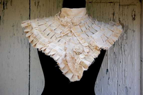 Steampunk collar,goth,victorian, diva,roses, shabby chic ,eco chic, jane austen, ruffle neck piece ,decadence,cream,tattered collar,vintage by radusport steampunk buy now online