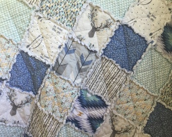 Baby Rag Quilt- Fawn- Woodland Theme Nursery- Baby Blanket- Antlers and Deer- Baby Quilt