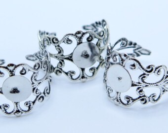 5PCS Antique Silver Filigree Ring Blanks, Ring Blanks, Ring Supplies, Diy Rings, 10mm Blank Pad, Adjustable Rings, Zardenia