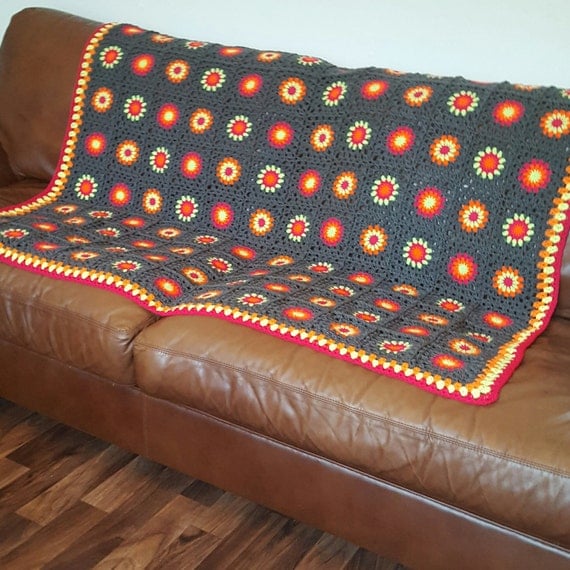 Granny Squares Grey Neon Crochet BLANKET Retro Sunburst 54 x 60