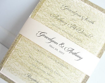 Glitter Invitation, Wedding Invitation, Elegant Wedding Invitation, Rustic Wedding Invitation, Gold Wedding Invitation, MESH GLITTER-TRIPLE