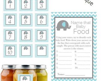 Elephant Baby Shower ~ Instant Download Name that baby food Game Cards Guess the Baby Food Baby Blue Elephant Taste the baby food Game BS527