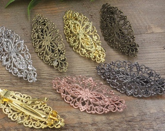10 Hair Barrettes- Brass Bronze/ Silver/ Gold/ Rose Gold/ White Gold/ Gun-Metal Plated 35x80mm Filigree Floral Barrette Base Setting- Z7296