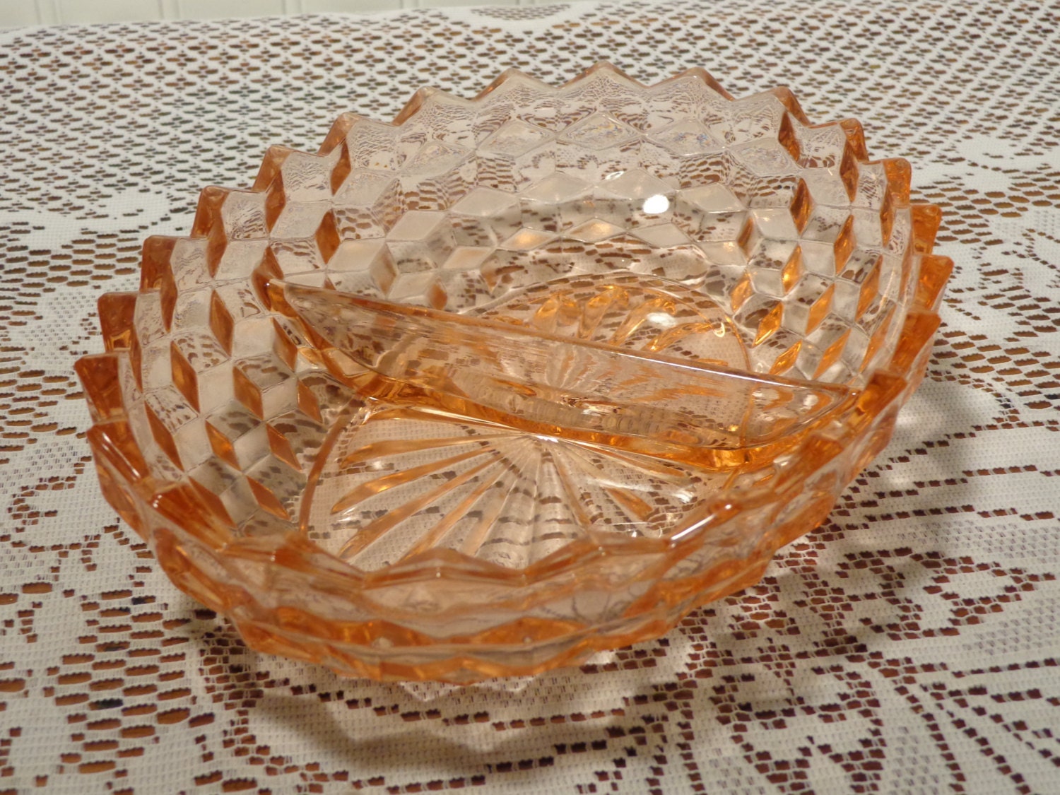 Vintage Relish Dish by American Whitehall Divided Oval Peach Indiana Glass Nut Dish 15806
