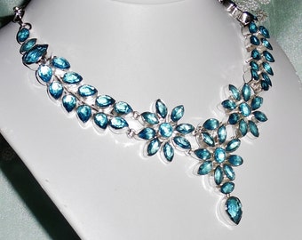 Blue Topaz gemstones, solid sterling silver Necklace