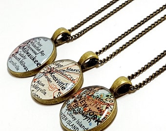 CUSTOM Vintage Map Necklace. You Select Location. Anywhere In The World. One Necklace. Map Pendant. Map Jewelry. Map Travel. World Map.
