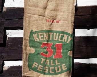 Burlap Sack, Vintage Kentucky Tall Fescue Grass; Rustic Farm Cottage Decor