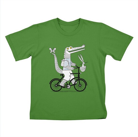 Childrens - T-shirt / Tee - The Crococycle - Clover Green - Crocodile / Bicycle Tee - by Oliver Lake - iOTA iLLUSTRATION