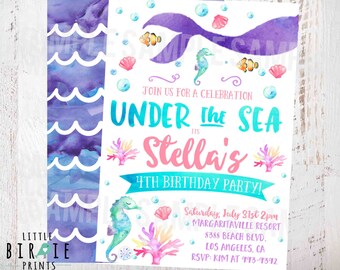 MERMAID BIRTHDAY INVITATION Mermaid invitation Watercolor Mermaid invitation Mermaid first birthday invitation Pool Party Under the Sea