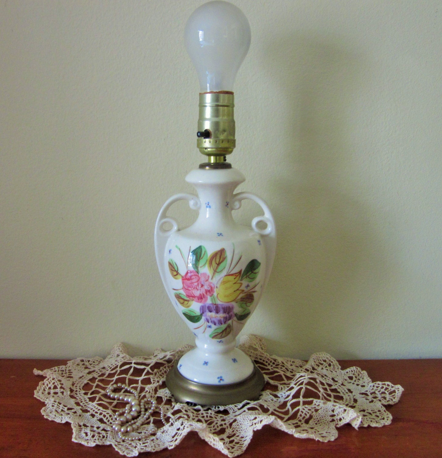 Vintage Bedroom Lamp Small Urn Lamp in Ivory with Brass Base