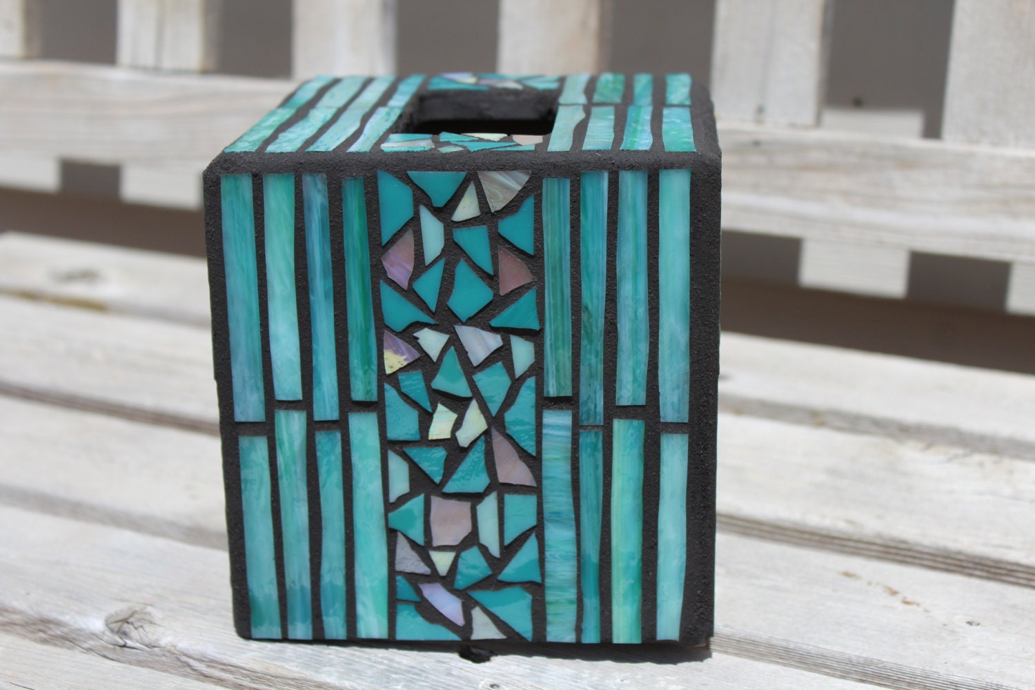 Teal green mosaic tissue box cover with mosaic chip band