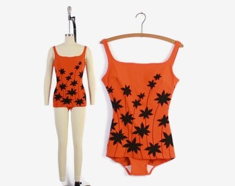 Vintage 60s Skirted SWIMSUIT / 1960s Dark Orange & Black Floral Pin-Up Bathing Suit S