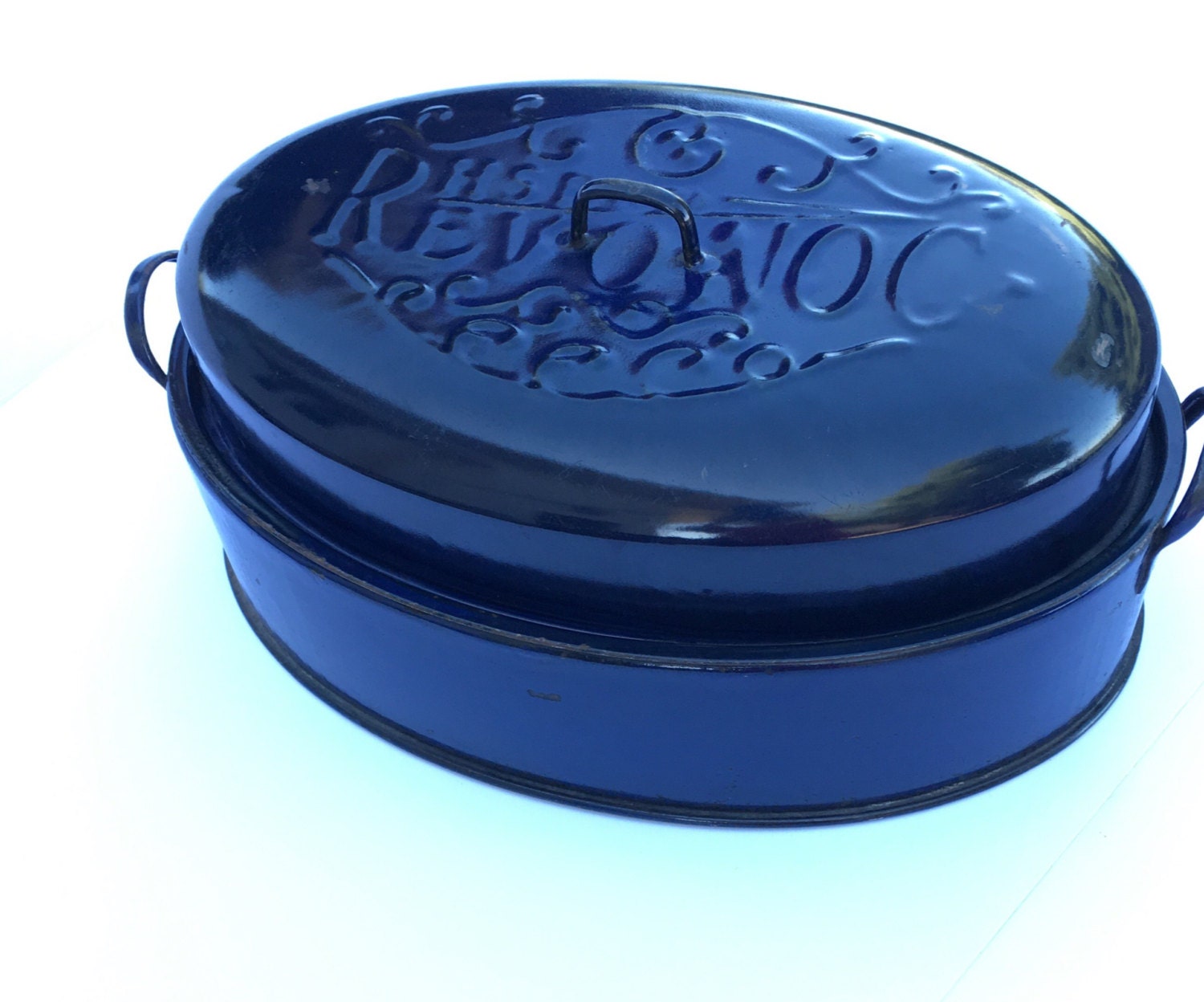REVONOC Blue Enamel Roasting Pan Large Vintage Turkey Roaster